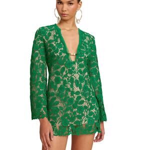 Cult Gaia Aniya Green Lace Overlay Bell Sleeve Mini Dress M NWOT